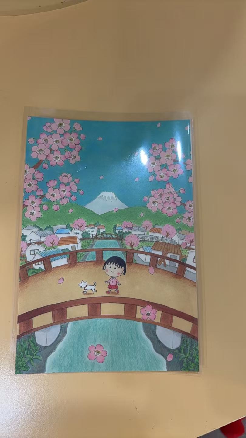 0921 樱桃小丸子 樱花 木桥 遛狗图案 卡片