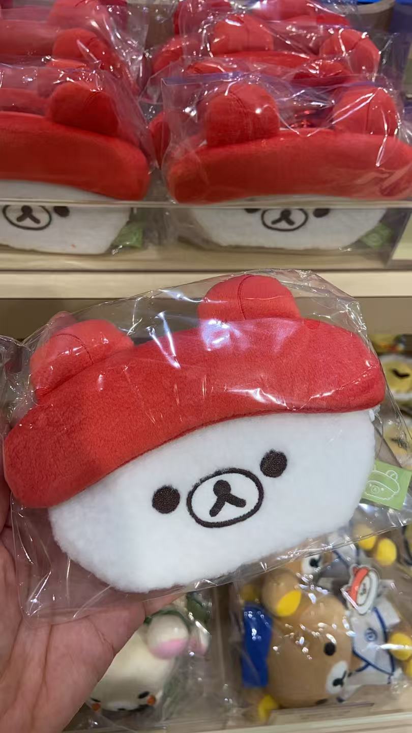 0929 Rilakkunma 轻松熊红色帽子 白色脸 小熊收纳包 