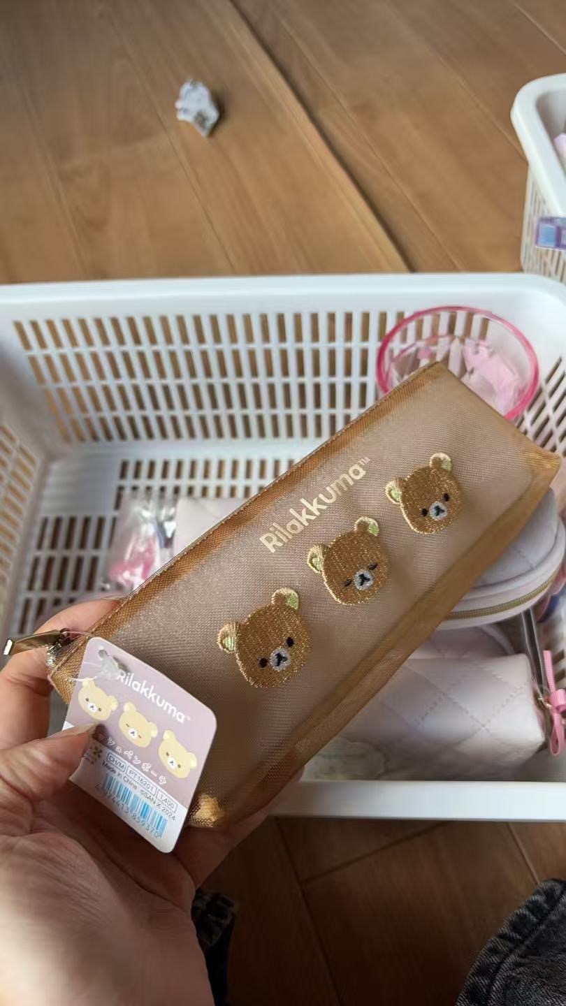 1028 轻松熊棕色网纱 3只熊头图案 收纳包