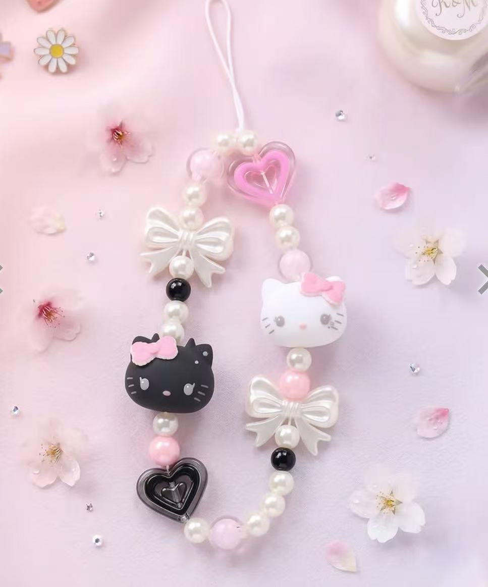 0904 48汇 三丽鸥 Hello Kitty 黑白双猫串珠手机挂链